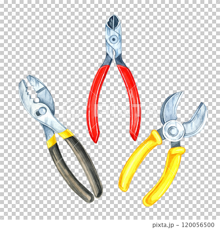 Red-handled pliers, silver and yellow-handled pliers, and a wrench. Hand-painted watercolor clipart. Great for tool kit packaging, repair service ads, or crafting and DIY-themed designs Red-handled pliers, silver and yellow-handled pliers, and a wrench. Hand-painted watercolor clipart. Great for tool kit packaging, repair service ads, or crafting and DIY-themed designs 120056500