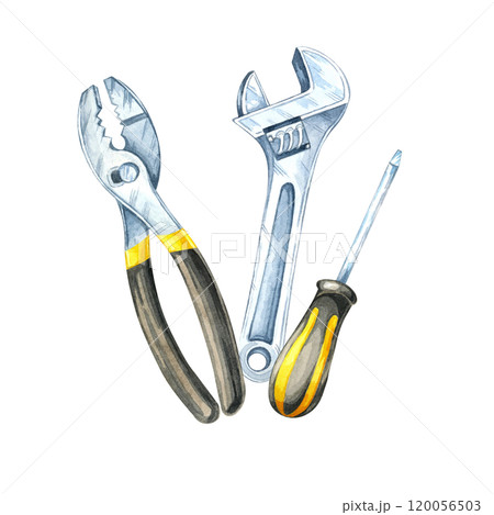 A wrench, pliers and a screwdriver with a black and yellow handle clipart. Tools hand-painted watercolor illustration. Perfect for promotional designs for hardware stores, toolsets, repair equipment 120056503