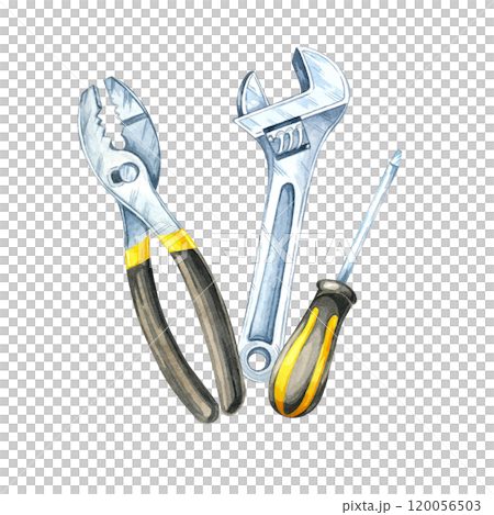 A wrench, pliers and a screwdriver with a black and yellow handle clipart. Tools hand-painted watercolor illustration. Perfect for promotional designs for hardware stores, toolsets, repair equipment 120056503