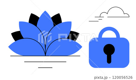 Blue lotus flower next to a blue padlock with a floating cloud in a minimalist style. Ideal for wellness, security, protection, mindfulness, and tranquility themes. Clean, simple, modern style 120056526