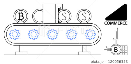 Cryptocurrency and dollar conversion on a conveyor belt with gears and commerce label. Ideal for finance, technology, automation, cryptocurrency, digital trade themes. Simple line art style Cryptocurrency and dollar conversion on a conveyor belt with gears and commerce label. Ideal for finance, technology, automation, cryptocurrency, digital trade themes. Simple line art style 120056538