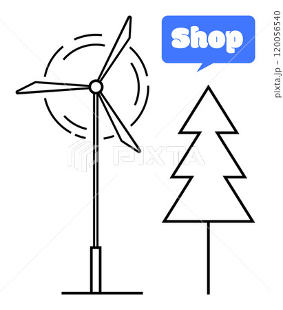 A simple wind turbine next to an evergreen tree and a speech bubble with the word Shop. Ideal for environmental websites, eco-friendly shops, renewable energy promotions, sustainability campaigns 120056540