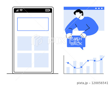 Minimalist style image features a smartphone interface, a person holding a cashback sign and a growth chart. Ideal for apps, finances, marketing, promotions, and digital wallets. Main colours blue 120056541
