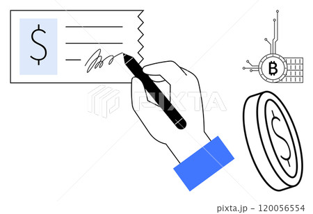 A hand holding a pen signs a check, accompanied by symbols of blockchain and cryptocurrency. Ideal for finance, technology, digital transactions, payments, and banking themes. Flat style A hand holding a pen signs a check, accompanied by symbols of blockchain and cryptocurrency. Ideal for finance, technology, digital transactions, payments, and banking themes. Flat style 120056554