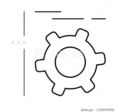 A black gear symbol accompanied by horizontal lines and small dots on a white background. Ideal for illustrating technology, industry, mechanical processes, automation, and minimalism in design A black gear symbol accompanied by horizontal lines and small dots on a white background. Ideal for illustrating technology, industry, mechanical processes, automation, and minimalism in design 120056568