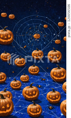 Pumpkins and spiders on a blue background. Artificial intelligence.  120056586
