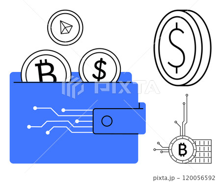 Blue wallet with Bitcoin, smart contract and Dollar coins representing digital currency and blockchain technology. Ideal for crypto payment, blockchain education, cryptocurrency services, financial Blue wallet with Bitcoin, smart contract and Dollar coins representing digital currency and blockchain technology. Ideal for crypto payment, blockchain education, cryptocurrency services, financial 120056592