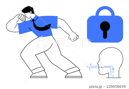 Man holding forearm to mouth, blue lock icon, and face blowing air icon. Ideal for health, virus prevention, respiratory health, security, privacy themes. Simple vector style, minimalistic colours 120056639