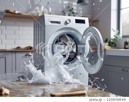 Water pouring out of an open washing machine. Water pouring out of an open washing machine. 120056649