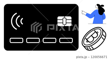 Contactless payment card with signal, chip, and Bitcoin coin with user illustration pointing. Ideal for digital transactions, online banking, cryptocurrency, user guides, and financial technology 120056671