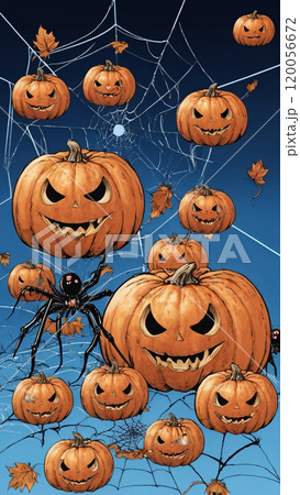Pumpkins and spiders on a blue background. Artificial intelligence.  120056672
