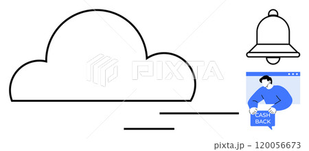 Cloud outline with lines representing speed. Nearby, a notification bell and a person with a cashback sign are visible. Ideal for technology, online services, notifications, digital marketing 120056673