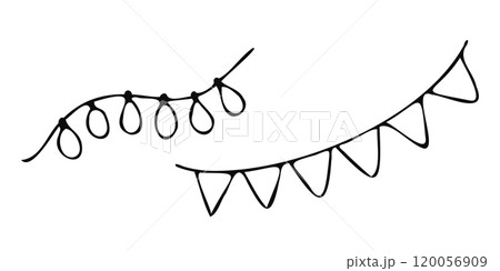 A festive vector illustration of black and white string lights in a hand-drawn style, perfect for Christmas and holiday-themed designs, decorations, greeting cards, and seasonal craft projects. 120056909