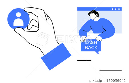 Hand holding a user icon next to a person promoting cash back online. Ideal for themes about digital marketing, online promotions, customer engagement, financial incentives, and e-commerce. Modern 120056942