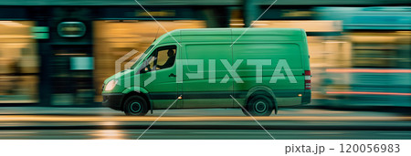 Green Delivery Van Driving on Busy City Street at Dusk, Motion Blur Effect. Ai generative 120056983