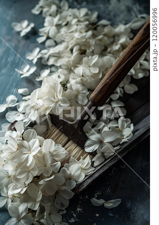 Brush and White Petals on Dark Surface Subtle Elegance in Floral Artistry. Ai generative 120056996