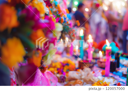 Vibrant Festive Setting with Colorful Flowers and Candlelight at Night. Ai generative 120057000