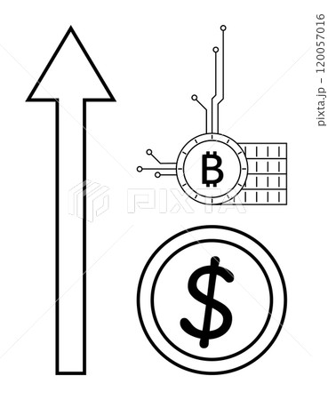 Arrow indicating growth, Bitcoin symbol with circuit connections, and dollar symbol. Ideal for finance, cryptocurrency, technology, investment, and economic growth themes. Minimalistic design style 120057016