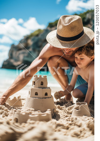Father and Son Building Sandcastle on Sunny Beach, Family Vacation Fun. Ai generative 120057033
