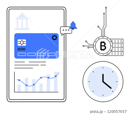 Mobile screen with digital wallet details, cryptocurrency symbol, and clock. Ideal for finance apps, cryptocurrency, time management, banking, tech education. Modern illustration style Mobile screen with digital wallet details, cryptocurrency symbol, and clock. Ideal for finance apps, cryptocurrency, time management, banking, tech education. Modern illustration style 120057037