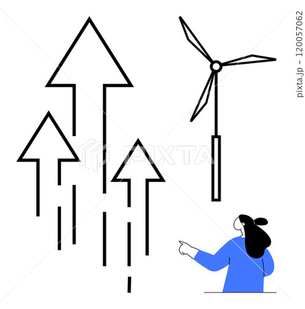 Woman points at arrows and a wind turbine symbolizing energy growth. Ideal for sustainability, renewable energy, environmental awareness, green energy initiatives, educational content. Minimalist Woman points at arrows and a wind turbine symbolizing energy growth. Ideal for sustainability, renewable energy, environmental awareness, green energy initiatives, educational content. Minimalist 120057062