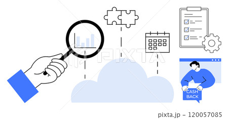Hand holds magnifying glass over cloud with bar graph, puzzle pieces, calendar, checklist, gear, and person holding cashback banner. Ideal for data analysis, business planning, task management 120057085
