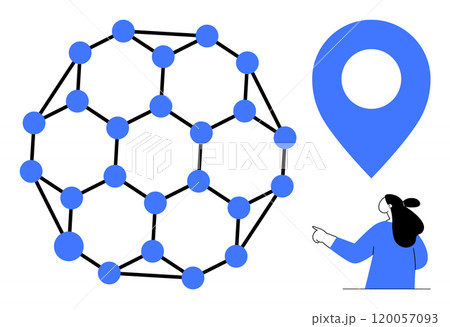 Blue network structure with interconnected nodes, blue location marker, and person in blue pointing. Ideal for technology, communication, navigation, data analysis, digital themes. Simple modern Blue network structure with interconnected nodes, blue location marker, and person in blue pointing. Ideal for technology, communication, navigation, data analysis, digital themes. Simple modern 120057093