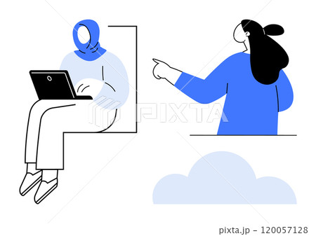 Two women are involved in online activities, with one using a laptop and the other pointing. Both wear modest clothing. Ideal for technology remote work collaboration diversity education digital 120057128