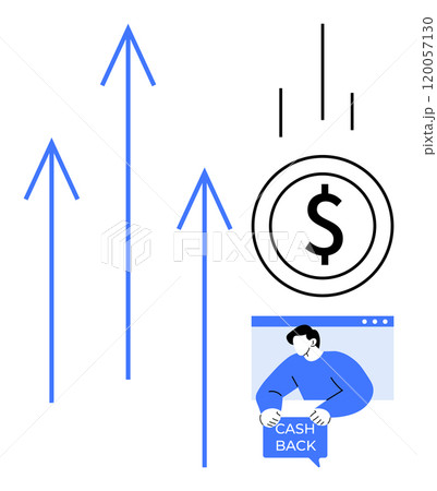 Depicts rising arrows, dollar sign, and person holding cashback billboard. Ideal for financial growth, investment returns, savings, economic prosperity, and cashback rewards. Clean and minimal style 120057130