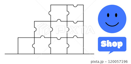 Visible are stacked puzzle piece blocks and a smiling face inside a blue circle with a Shop symbol. Ideal for business development, teamwork, problem-solving, online shopping, marketing. Simple 120057196