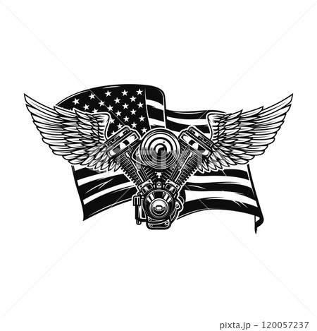 Illustration of twin engine with wings on american flag background. Design element for poster, card, banner, sign, emblem. Vector illustration 120057237