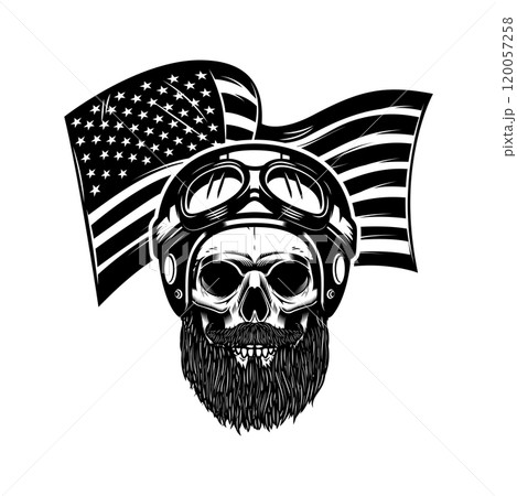 Racer skull on usa flag background. Biker skull. Design element for poster, card, banner, sign. Vector illustration 120057258