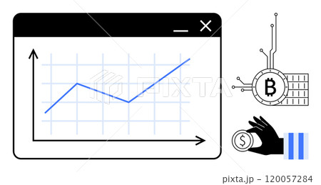 Graph with an upward trend line, Bitcoin symbol, hand holding a coin. Ideal for finance, cryptocurrency, stock market, growth analysis, economic trends. Clean and modern style 120057284