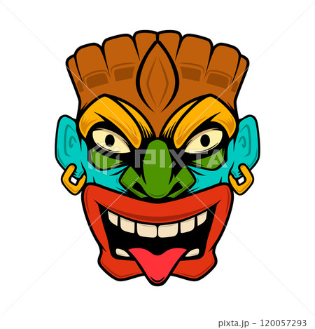 Illustration of tiki idol. Design element for poster, card, banner, emblem, sign. Vector illustration 120057293