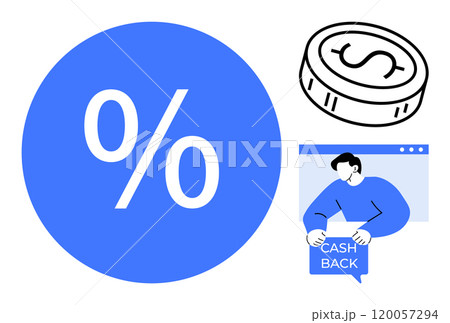 Large blue percentage sign, black and white coin with dollar symbol, and person holding cash back sign. Ideal for finance, rewards, savings, promotions, and advertisements. Modern simple design Large blue percentage sign, black and white coin with dollar symbol, and person holding cash back sign. Ideal for finance, rewards, savings, promotions, and advertisements. Modern simple design 120057294