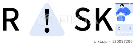 Large letters forming the word RISK with an exclamation mark in a triangle to emphasize caution. On the right, a person holding a cashback sign and a visible credit card. Ideal for financial 120057299