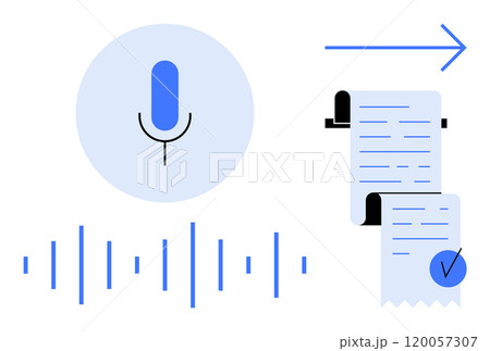 A microphone icon with sound waves and a document with a checkmark. Ideal for transcription services, voice recognition, audio processing, digital documents, and speech-to-text technology. Flat A microphone icon with sound waves and a document with a checkmark. Ideal for transcription services, voice recognition, audio processing, digital documents, and speech-to-text technology. Flat 120057307
