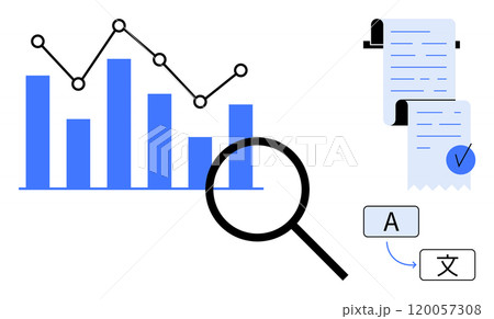 Data analysis elements with bar graphs and a line chart, a magnifying glass over a document, and language translation symbols. Ideal for data analysis, business reports, financial analytics, language 120057308