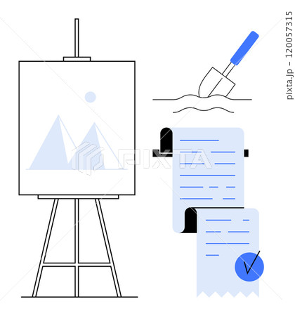 Easel with a canvas showing minimalist mountains, a scroll with text and checkmark, and a trowel digging soil. Ideal for art, creativity, education, gardening, and planning themes. Simple clean style Easel with a canvas showing minimalist mountains, a scroll with text and checkmark, and a trowel digging soil. Ideal for art, creativity, education, gardening, and planning themes. Simple clean style 120057315