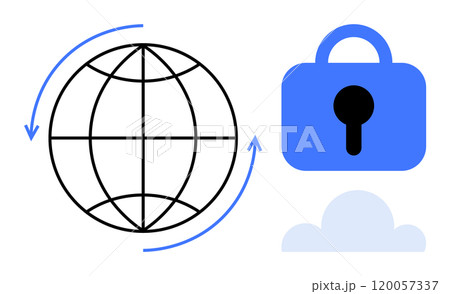 A globe with arrows symbolizes global internet connectivity. Next to it, a padlock emphasizes security. At the bottom, a cloud signifies cloud storage. Ideal for cybersecurity, global connectivity 120057337