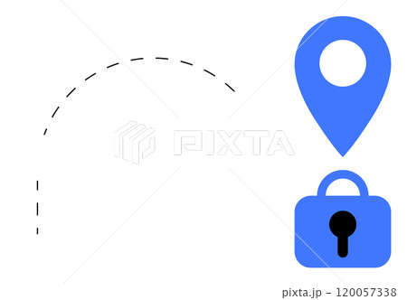 Location pin icon above a secure padlock. Ideal for data security, privacy, geolocation services, GPS navigation, and cybersecurity. Simple graphic design style with minimalistic appearance Location pin icon above a secure padlock. Ideal for data security, privacy, geolocation services, GPS navigation, and cybersecurity. Simple graphic design style with minimalistic appearance 120057338