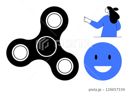 A black fidget spinner a blue smiling face and a person pointing. The background is white. Ideal for playful designs stress relief happiness education simplicity. Flat modern design 120057339