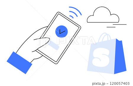 A hand holding a smartphone with a checkmark symbol, a cloud icon in the background, and a shopping bag. Ideal for themes of online shopping, digital transactions, cloud storage, e-commerce 120057403