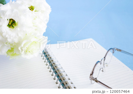 青い背景と白い花　開いたノートの素材 120057464