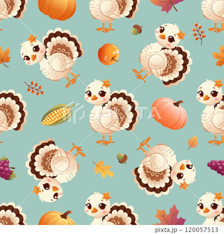 Charming seamless Thanksgiving pattern featuring cute cartoon turkeys, pumpkins, corn, apples, and autumn leaves Charming seamless Thanksgiving pattern featuring cute cartoon turkeys, pumpkins, corn, apples, and autumn leaves 120057513