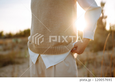Portrait of elegant, luxury woman posing in nature. People, lifestyle, relaxation concept. Portrait of elegant, luxury woman posing in nature. People, lifestyle, relaxation concept. 120057691