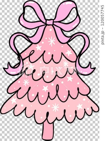 Preppy Coquette Pink Christmas Tree with ribbon bow doodle lined pastel 120057745