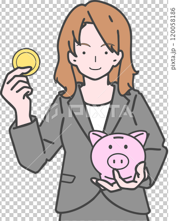 Illustration of a businesswoman saving money in a piggy bank 120058186