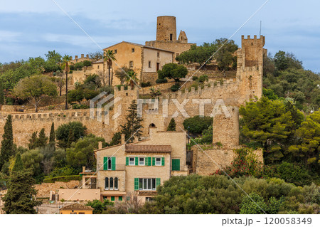 The Castle of Capdepra on the hill above the small town of Capdepera, Mallorca, Majorca, Balearic Islands, Spain, Europe 120058349