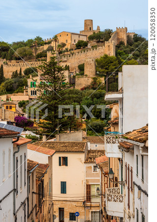 The Castle of Capdepra on the hill above the small town of Capdepera, Mallorca, Majorca, Balearic Islands, Spain, Europe 120058350